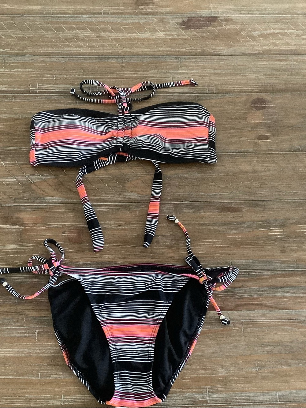 Striped Black and Coral Bandeau Bikini Set